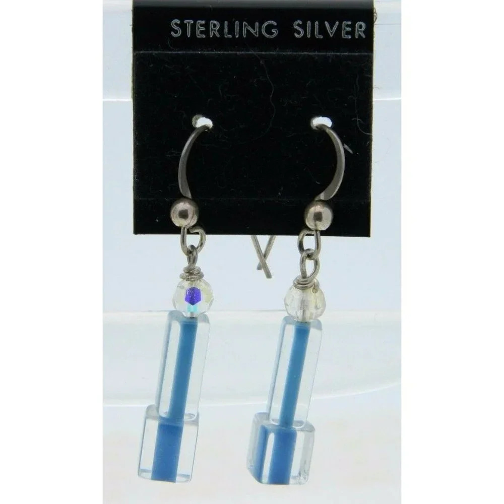 NOS Sterling Silver Australian AB Crystal Blue Art Glass Dangle Earrings
